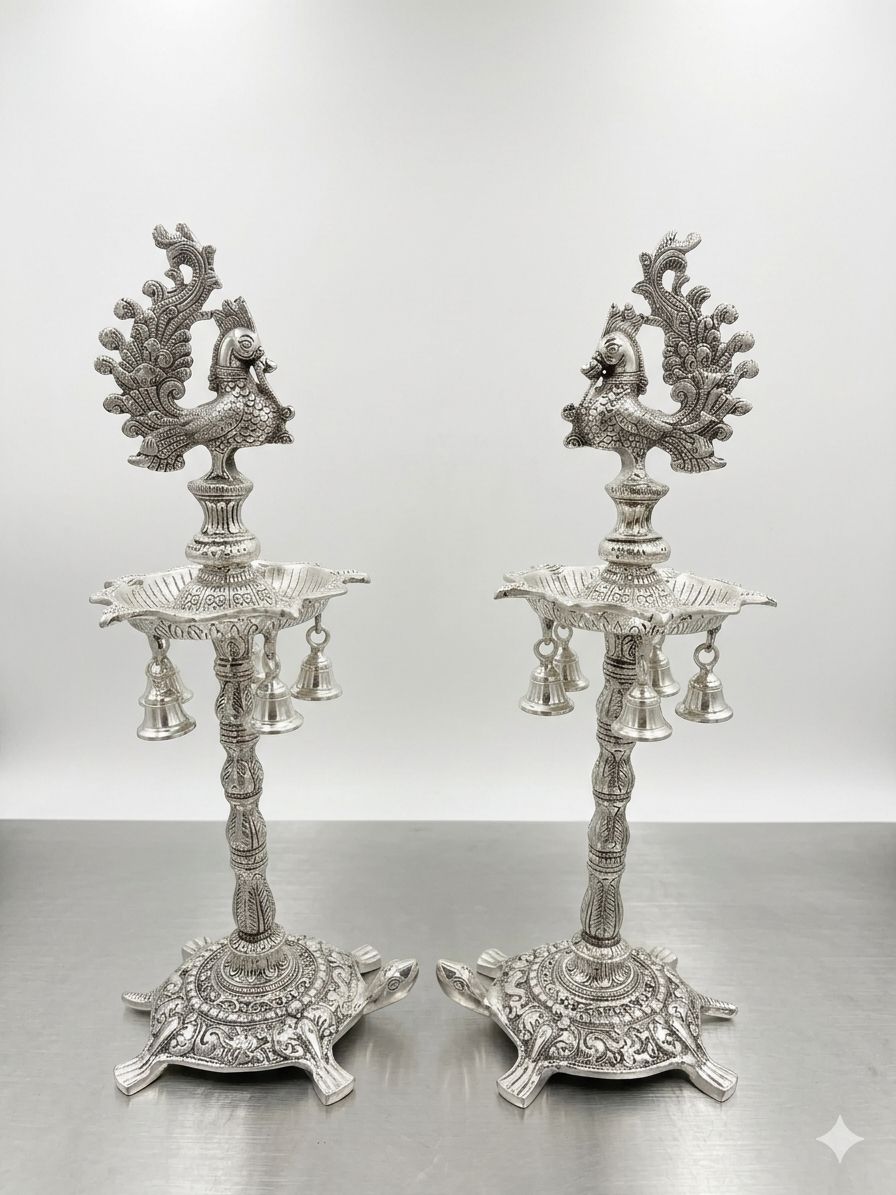 German Silver Big Size Tortoise Base Diya Set